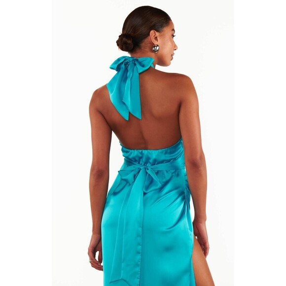 New! Show me your MuMu -Adele Halter Turquoise Maxi Dress - Teal Luxe Satin XXL - Picture 3 of 9